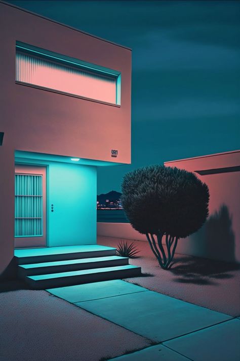 Modern Retro Architecture, 80s Futurism Aesthetic, Minimalist Architecture Exterior, 80s Architecture, Hiroshi Nagai, Synthwave Art, Aqua Net, City View Apartment, Vhs Cassette