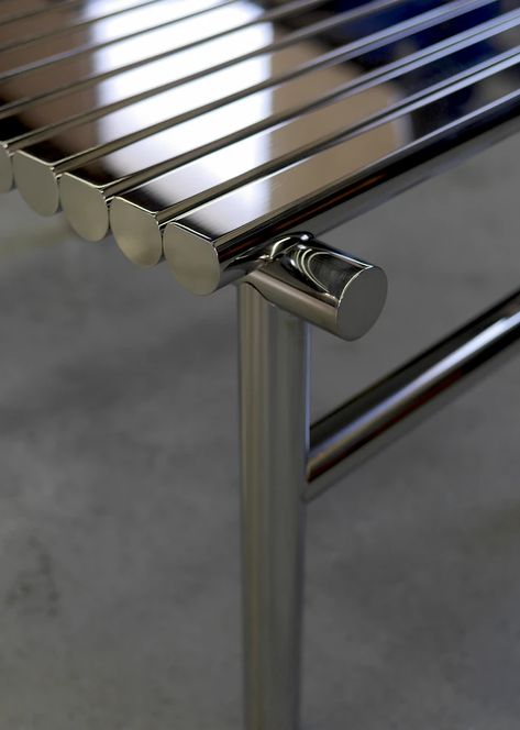 Steel Bench, Industrial Design Trends, Joinery Details, Coffee Shop Bar, Metal Furniture Design, Cozy Chair, Furniture Details, Steel Furniture, Metal Furniture