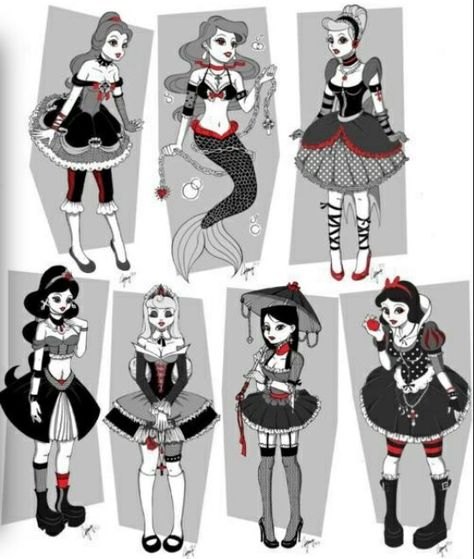 Emo princesses Gothic Disney Princesses, Cartoon Queen, Princesa Punk, Emo Disney, Goth Disney Princesses, Disney Amor, Disney Punk, Dawn Marie, Goth Disney