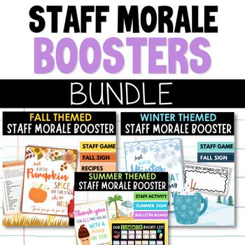 Boost your Staff Morale with seasonal activities and tokens of appreciation. This bundle includes morale boosters for the fall, winter and summer! Keep your staff morale high with fun recipe activities, scavenger hunts, treats and cute bulletin boards. Check out this bundle to see all the fun! October Morale Booster, Staff Morale Booster Bulletin Boards, Teacher Staff Morale Boosters, Team Morale Boosters, Staff Morale Booster Teachers, Monthly Staff Morale Boosters, Staff Morale Booster, Staff Ideas, Work Games