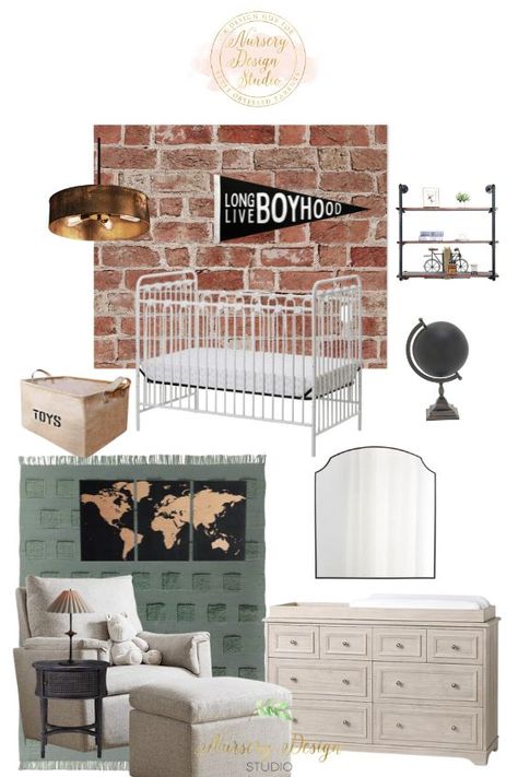 Industrial Nursery, Baby Boy Nursery Ideas, Boy Nursery Ideas, Nursery Ideas Boy, Nursery Design Board, Superhero Nursery, Nursery Designs, Design Boards, Green Nursery