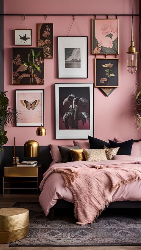 Dark Pink Room Bedrooms, Paean Black And Sulking Room Pink, Deep Pink Bedroom, Deep Pink Bedroom Walls, Pink Bedroom Panelling, Dark Pink Bedroom Aesthetic, Dark Grey And Pink Bedroom, Moody Bedroom, Pink Bedroom