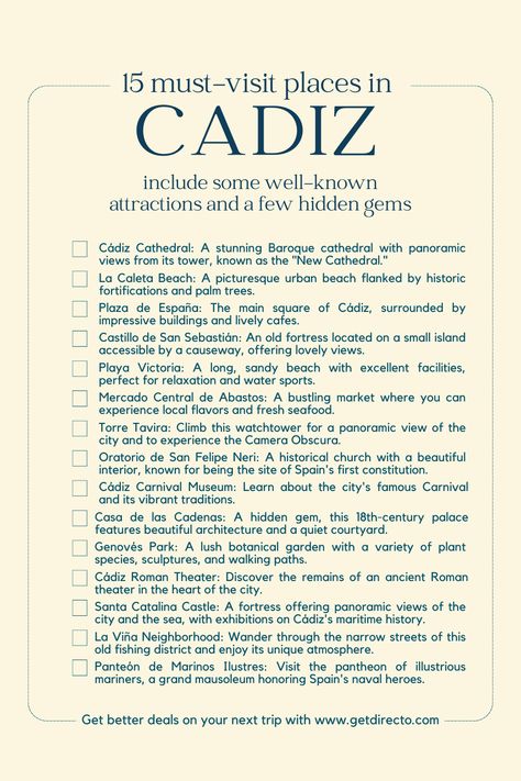 Unlock the 15 Must-Visit Places in the Heart of Cadiz. Save it for your next trip to Cadiz, Spain. More information on the link⬆️ #TravelCadiz #BucketListCadiz #thingtodoCadiz Cadiz attractions | Cadiz activities | Cadiz travel | things to do in Spain | Spain attractions | Cadiz museums | Cadiz things to do Seville Things To Do, Spain Attractions, Spain Cadiz, Things To Do In Spain, Cadiz Spain, European City Breaks, Visit Places, Travel Things, Mediterranean Cruise