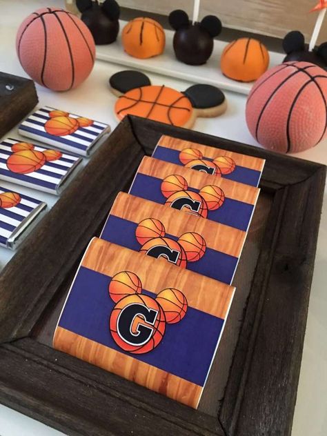 Mickey Basketball Party | CatchMyParty.com Mickey Mouse Basketball Party, Mickey Mouse Basketball, Disney Basketball, Nike Party, Basketball Wedding, Basketball Themed Birthday Party, Mickey Mouse Birthday Party Ideas, Ball Birthday Party, Mickey Mouse Bday