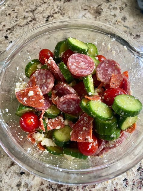 Antipasto Salad - Low Carb Revelation LLC Anti Pasta Salad, Keto Antipasto Salad, Anti Pasta, Cucumber Feta Salad, Pepperoni Recipes, Sliced Salami, Keto Sides, Antipasto Salad, Mini Cucumbers