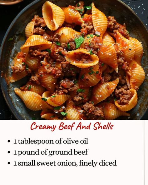 Recipestep Creamy Beef And Shells, Beef And Shells, Shells Recipe, Pasta Shells, Stuffed Shells Recipe, Hamburger Recipes, Stuffed Pasta Shells, Sweet Onion, 1 Pound