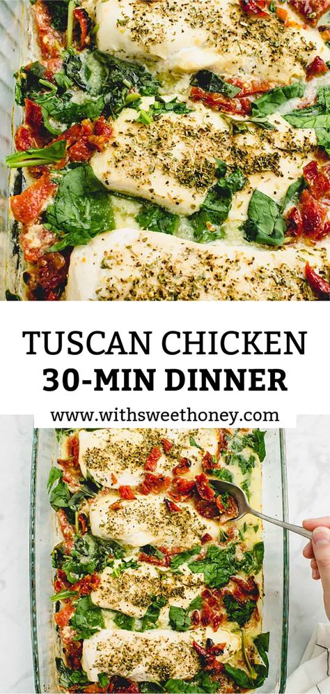 This Creamy Baked Tuscan Chicken (Paleo and Dairy Free) recipe is the perfect weeknight meal that your whole family will love. It is ready in under 30 minutes and full of flavor! Whole 30 Tuscan Chicken, Gluten Free Tuscan Chicken, Baked Tuscan Chicken, Tuscan Chicken Bake Recipes, Tuscan Chicken Broccoli Bake, Dairy Free Tuscan Chicken, Tuscan Chicken Bake, Tuscan Chicken Bake Meal Prep, Dump And Bake Tuscan Chicken