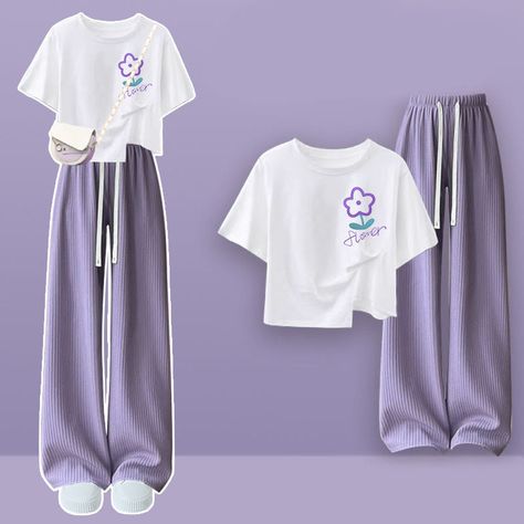 Purple Fits Aesthetic, Aesthetic Purple Outfits, Purple Shirt Outfit, Purple Shirts, Kawaii Swimsuit, Dark Academia Clothing, Color Pants, Cottagecore Fashion, Purple Pants