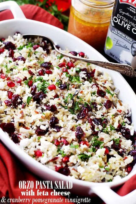 Pasta Salad With Feta Cheese, Pasta Salad With Feta, Best Christmas Dinner Recipes, Cheesy Orzo, Winter Flavors, Salad With Feta Cheese, Cranberry Pomegranate, Pomegranate Vinaigrette, Feta Pasta Salad