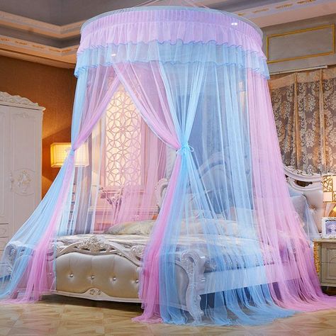 Mengersi Bed Canopy for Girls - Princess Elegant Lace Round Sheer Mesh Bed Curtains - Canopy for Girls Room Bedding Net for Twin Full Queen King Size (Pink and Blue) Diy Seng, Bed Canopy With Lights, Kids Bed Canopy, Bed Valance, Princess Canopy Bed, Canopy Bed Diy, Canopy Curtains, Kids Canopy, Baby Canopy