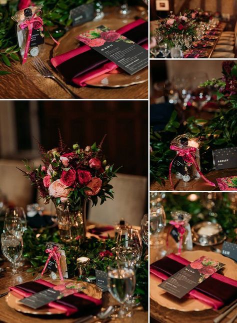 Bright And Moody Wedding, Jewel Tone Reception Table Settings, Jewel Tones And Black Wedding, Unusual Wedding Colors, Winter Jewel Tone Wedding, Summer Jewel Tone Wedding, Jewel Tone Winter Wedding, Dark Pink Wedding, Jewel Tone Wedding Theme