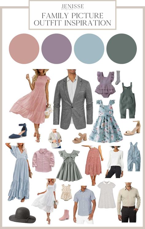 Spring Family Photoshoot Outfits 2023, Easter Picture Outfits Family, Spring Photo Shoot Color Schemes, Spring Wedding Family Outfits, Spring Family Pics Color Schemes, Family Photo Outfits Pastel Colors, Spring Family Picture Color Palette, Purple And Green Family Pictures, Family Picture Outfits With Purple