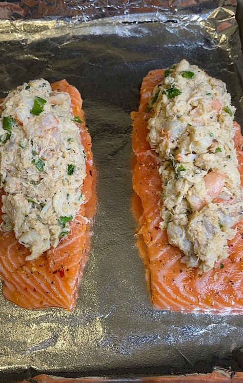 Shrimp & Crab Stuffed Salmon - Yel's Kitchen Stuff Salmon With Shrimp, Stuffed Salmon Recipes Baked Crab Meat, Salmon Topped With Crab Meat And Shrimp, Cedar Plank Crab Stuffed Salmon, Stuffed Salmon With Shrimp, Stuff Salmon With Crab Meat And Shrimp, Seafood Stuffed Salmon Recipes, Stuff Salmon With Spinach And Shrimp, Shrimp Stuffed Fish