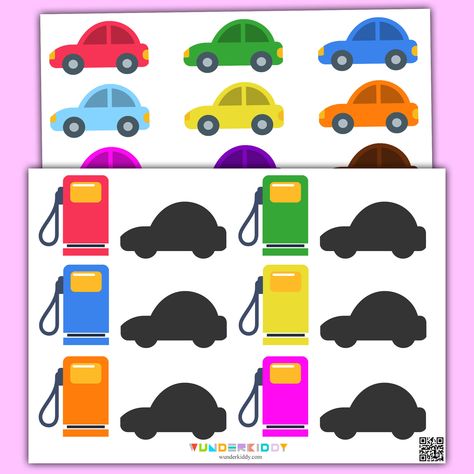 The color match worksheets «Gas Station» are meant to learn colors, group objects according to their common feature and develop logical thinking and attentiveness. The game task is to «tank» cars from the fuel pump of the same color. Print out colorful worksheets and cut out all the colored cars. Then mix up all the cars and invite your child to take cars one by one and find for each one the fuel pump matching by color. Ask the child to name the colors while playing. Color Matching Preschool, Playdate Activities, Transportation Theme Preschool, Bus Crafts, Animal Activities For Kids, Car Activities, Transportation Preschool, Free Kindergarten Worksheets, Transportation Theme