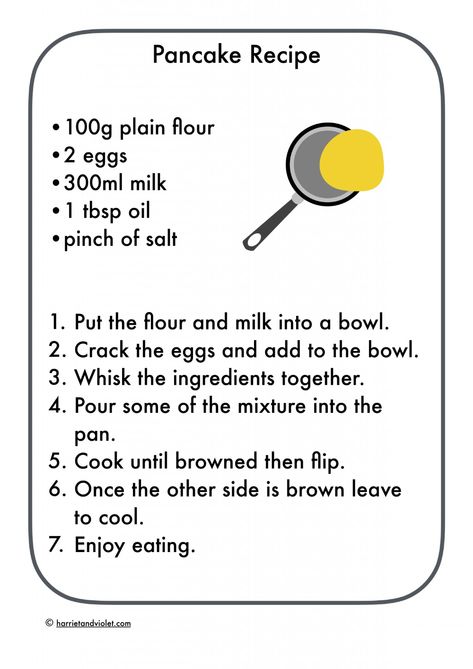 Pancake Recipe - easy to follow - Printable Teaching Resources - Print Play Learn How To Make Simple Pancakes, English Pancakes Recipe, Pancake Day Activities For Children, Pancake Recipe For Kids, Quick Pancake Recipe, Simple Pancake Recipe, English Pancakes, Pancakes Simple, Simple Pancake