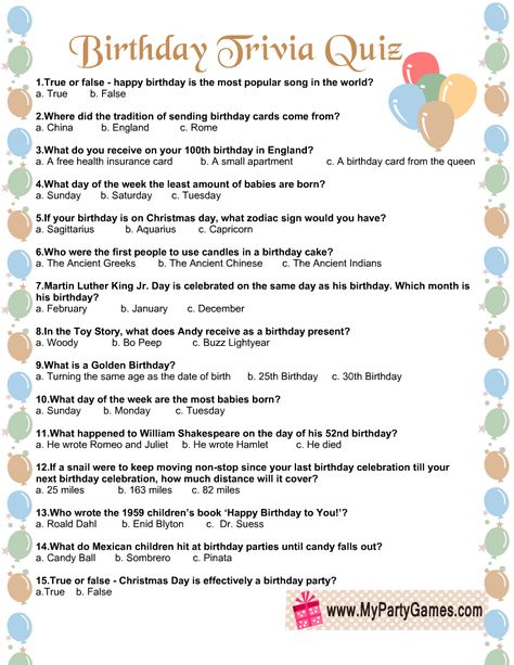 Birthday Party Trivia Questions, 60th Birthday Trivia Questions, Birthday Quiz Questions Party Games, Birthday Trivia Games Free Printable, Birthday Games For Adults Free Printable, 80th Birthday Games Free Printable, Birthday Quiz Questions Adult, Birthday Trivia Questions For Adults, Birthday Questions For Adults