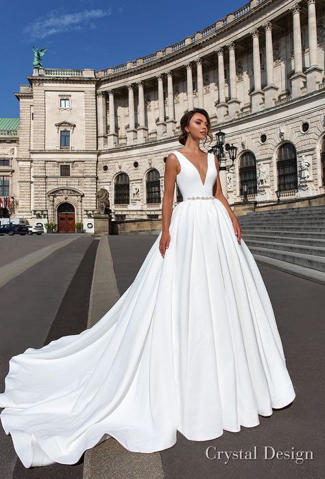 crystal design 2018 sleeveless deep v neck simple princess elegant ball gown a  line wedding dress open scoop back royal train (ivanna) mv -- 15 Regal Wedding Dresses Fit for a Royal Wedding | Wedding Inspirasi #wedding #weddings #bridal #weddingdress #bride ~ Elegant Ball Gowns, Wedding Dresses Satin, Crystal Design, Satin Wedding, Perfect Wedding Dress, Elegant Wedding Dress, Beautiful Wedding Dresses, Ball Gowns Wedding, A-line Wedding Dress