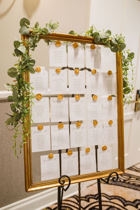 Table Plan With Wax Seals, Seating Chart With Picture Frames, Wax Seal Seating Chart Wedding, Gold Frame Seating Chart, Wax Seal Seating Chart, Wedding Sitting Chart, Wedding Table Assignments, Wedding Reception Rooms, Wedding Table Seating Chart