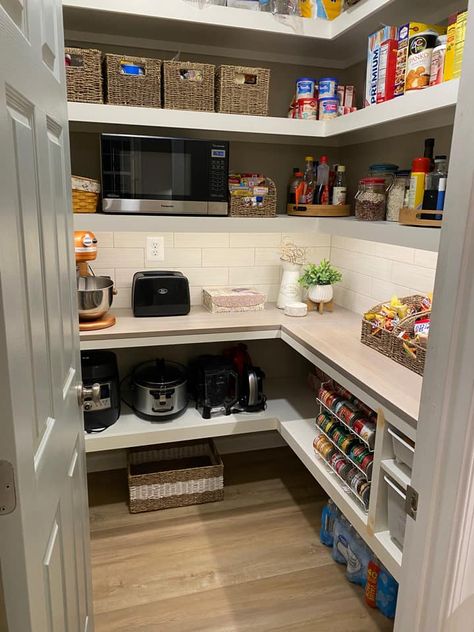 Small Walk In Pantry With Fridge, Pantry With Butcher Block Counter, Open Pantry Design Ideas, 4x4 Pantry Layout, Pantry With Countertop, Small Walk In Pantry Layout, Pantry With Fridge, Small Walk In Pantry, Pantry Closet Design