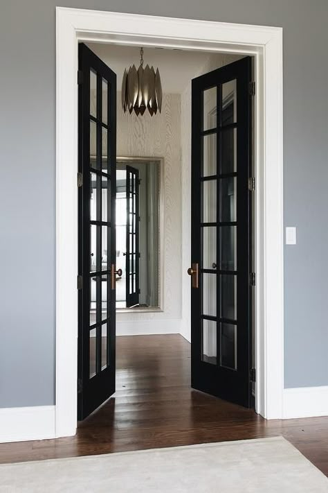 Black French Doors Interior, French Doors Inside, Black French Doors, Blue Painted Walls, Black Interior Doors, Interior French Doors, French Doors Patio, Swinging Doors, Entrance Foyer