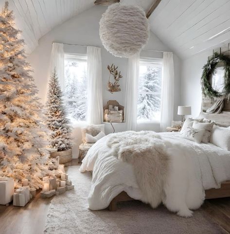 White Christmas Bedroom Decor, White Christmas Bedroom, White Christmas Living Room, Cozy Christmas Bedroom, Cozy Christmas Decor, Guest Bedroom Decor, Country Christmas Decorations, Christmas Interiors, Christmas Decorations Bedroom