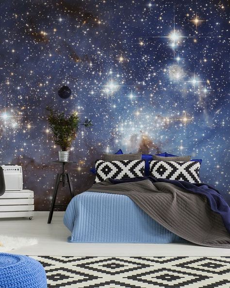 Transform your bedroom with these galaxy wallpapers that are sure to dazzle. From this blue starry sky to images from NASA these galaxy wallpaper will look amazing in room. Read more in our blog post. Childish Bedroom, Cool Blue Wallpaper, Bedroom Wallpaper Accent Wall, Boys Room Mural, Galaxy Bedroom, Beach Bedding Sets, Galaxy Room, Wallpaper Design For Bedroom, Bedroom 2024