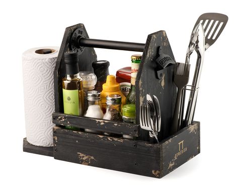 PRICES MAY VARY. SURPRISE YOUR GUESTS at your outdoor meals with this rustic looking grill caddy organizer, its manual process and distressed black finish makes it unique, it will surely not go unnoticed!! GIVE IT THE NAME YOU WANT, we have these options for you: picnic caddy, rv caddy, condiment caddy for table, barbeque caddy for grill...is a Caddy made for you to call it and use it as you wish CARRY IT ALL IN STYLE, it's just the right size to hold everything you need, the combination of wood Bbq Utensil Holder, Bbq Caddy, Caddy Diy, Outdoor Grill Accessories, Bottle Caddy, Wood Grill, Condiment Caddy, Unique Farmhouse Decor, Diy Bbq