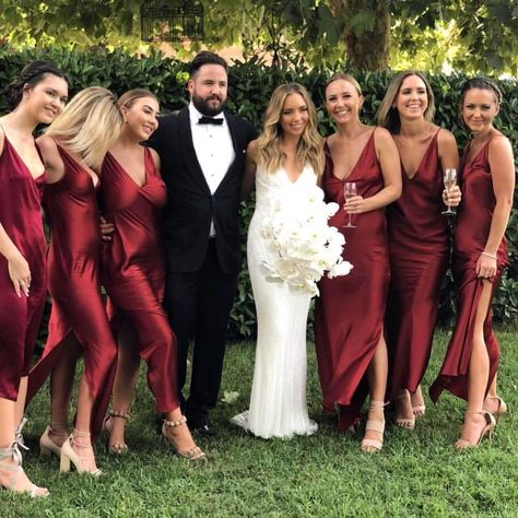 Bridal party goals when the maids wear @natalieroltdesigns and ace it. Beautiful bride @lifewith_andy Wine Color Bridesmaid Dress, Dresses For Wedding Party, Wine Bridesmaid Dresses, Fall Bridesmaids, Fall Bridesmaid Dresses, Bridesmaid Colors, Burgundy Bridesmaid, Red Bridesmaids, Red Bridesmaid Dresses