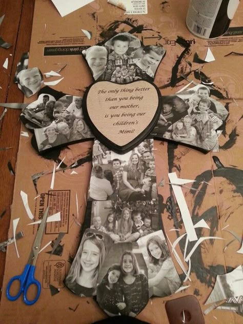 This is a modge podge cross I made for my mom for Mother's Day. It was fairly easy, but took some time to make. Collage Letters, Diy Hobbies, Letters Ideas, Letter Collage, Reminder Board, Foto Transfer, Diy Gifts For Mom, Cross Crafts, Picture Letters