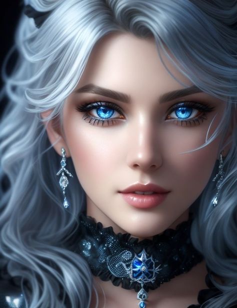 This image showcases a captivating young woman with long, silver hair and striking blue eyes with diamond pendant adds a touch of sparkle. #silverhair #blueeyes #charming #glamorous #diamond #snowqueen Blue Eyes Drawing, Silver Hair Girl, Long Silver Hair, Woman With Blue Eyes, Eyes Drawing, Beauty Magic, Hilarious Photos, Female Character Concept, Stop Staring