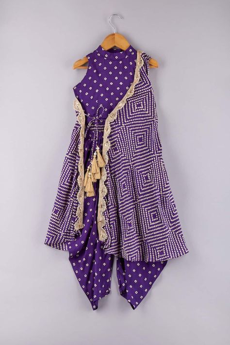 Buy Purple Silk Printed Bandhani One Shoulder Cape Set For Girls by P & S Co Online at Aza Fashions. One Shoulder Cape, Cape Set, Bandhani Print, Kids Party Wear Dresses, Kids Ethnic Wear, Kids Dress Collection, Trendy Outfits Indian, Kids Blouse Designs