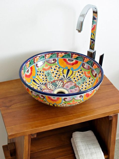 Talavera Bathroom, Mexican Sink, Talavera Sink, Round Sink, Mexican Ceramics, Mexican Home, Talavera Pottery, Bathroom Size, Mexican Talavera