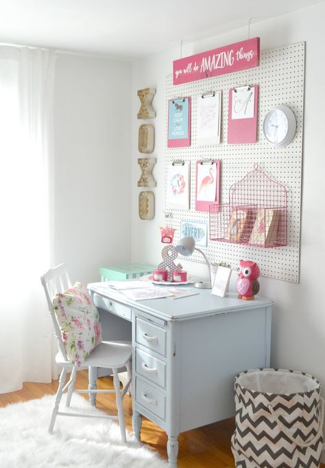 I was inspired by Beth from Home Stories A to Z to create a little desk area for my girls, especially with school starting. It's a great little area to keep the Desk And Chair, Desk Areas, Bedroom Desk, Room Desk, Room Goals, Diy Desk, Teen Room