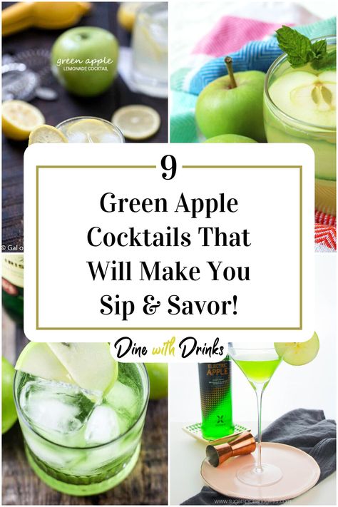 Collage of 4 green apple cocktails. Sour Green Apple Cocktail, Green Apple Schnapps Drinks, Drinks With Sour Apple Pucker, Green Apple Cocktail Recipes, Green Apple Vodka Cocktails, Sour Apple Cocktails, Green Apple Drinks Alcohol, Green Apple Vodka Drinks, Sour Apple Pucker Drinks