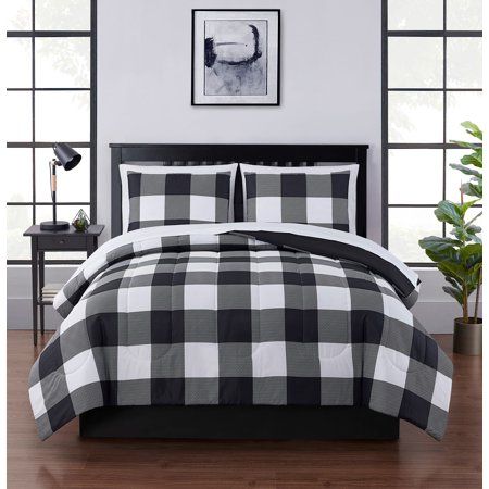 Update your bedroom dcor with the Mainstays 7-Piece Buffalo Plaid Bed in a Bag, Full. The black and white checkered pattern on this bedding set is stylish and trendy while still being grounded in easy to match color tones. The monochromatic pattern and color scheme allows this bed to be easily integrated into your already existing bedroom dcor. The soft to touch fabric adds to overall comfort, helping you sleep soundly all-night long. Give your space an instant modern update with Mainstays Buffa Buffalo Check Bedding, White Sheet Set, Solid Bed, White Duvet, Buffalo Check Plaid, Red Bedding, King Sheets, Comforter Bedding Sets, Queen Sheets