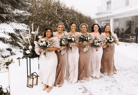 Taupe Winter Wedding, Winter Wedding Party Attire, Outdoor Winter Wedding Ceremony, Winter Wedding Bridesmaid Dresses, Dresses With Fur, Outdoor Winter Wonderland, Bridesmaid Winter, Winter Wedding Ceremony, Cream Bridesmaid Dresses