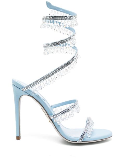 light blue leather crystal embellishment rhinestone embellishment wraparound style round open toe 105mm stiletto heel branded leather insole leather outsole Rene Caovilla Heels Blue, Blue Heels Sparkly, Blue Prom Heels, Blue Butterfly Heels, White And Blue Heels, Homecoming Shoes Heels, Blue Heels Outfit, Rene Caovilla Chandelier, Fantasy Heels