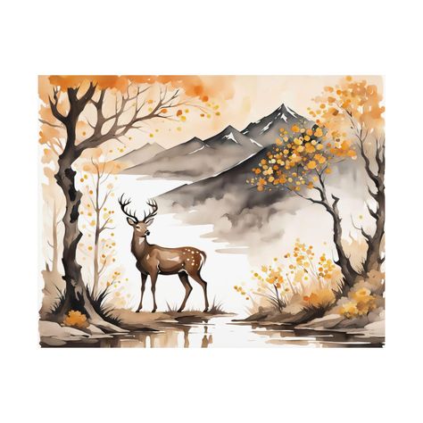 Deer Mountains Forest Stream Watercolor Print, Autumn Landscape Wall Art, Outdoors Orange Gray Neutral Artwork  * Printed from an original digital abstract watercolor painting * Several sizes to choose from * Materials: high-quality matte paper * Shipping: high-quality protective packaging with tracking number * Sold unframed - framing required. * Colors: Orange, brown, gray, neutral colors ♥ To see more of my art prints, please visit my shop: https://www.RaindropHouse.Etsy.com 🎨 Description: T Stream Watercolor, Paint Software, Forest Stream, Personalized Gallery Wall, Neutral Artwork, Mountains Forest, Digital Abstract, Abstract Watercolor Painting, Landscape Artwork