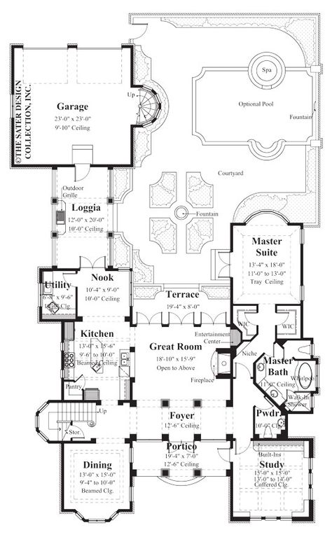 Edmonton-Main Level Floor Plan-Plan #8023 with court yard and loggia Italian House Plans, Courtyard Home, Mediterranean Style House Plans, Courtyard House Plans, Italian House, Luxury House Plans, Floor Framing, Courtyard House, Mediterranean Homes