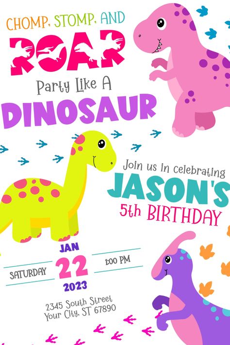 Celebrate your child's dinosaur birthday in style, with this colorful birthday invitation. Pink Dinosaur Birthday, 6th Birthday Invitation, Dinasour Birthday, Girl Template, Dinosaur Party Invitations, Dinosaur Birthday Party Invitations, Girl Dinosaur Birthday, Dinosaur Birthday Invitations, Dino Birthday Party