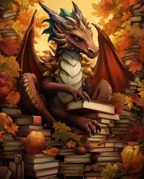 Enchanting Dragon Illustration on Vintage Books - Jessica Roux Style Autumn Dragon Art, Dragon Reading A Book, Fall Dragon, Asian Dragons, Vintage Dragon, Dragon Illustration, How To Age Paper, Dragon Art, Digital Wall Art