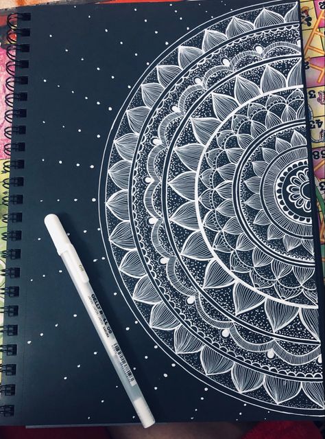 Mandala art / pattern in white color and black background Mandala On Black Background, Still Life Pencil Shading, Mandala Art Pattern, File Decoration, Drawing Kits, Color Mandala, File Decoration Ideas, Zentangle Pattern, Anime Drawing Sketches