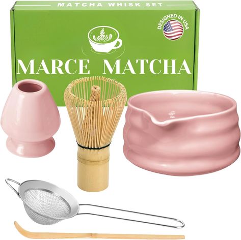 Marce Matcha Whisk Set- Matcha Bowl with Spout, Matcha Whisk, Matcha Sifter, Matcha Whisk Holder, Matcha Spoon- The Perfect Matcha Kit for Matcha Tea Ceremony (5pc) (Pink) Matcha Whisk Set, Matcha Snacks, Macha Tea, Matcha Kit, Realistic Wishlist, Matcha Tea Ceremony, Bamboo Whisk, Kitchen Vibes, Japanese Matcha Tea