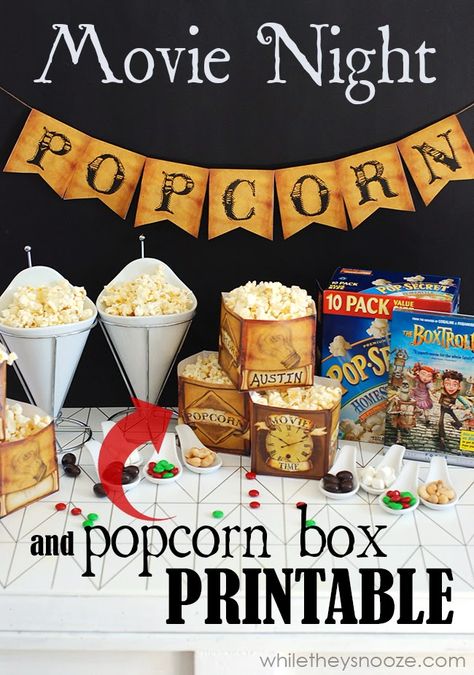 Boxtrolls Movie, Birthday Party Movie Night, Movie Night Snacks Ideas, Popcorn Box Printable, Movie Night Family, Box Trolls, Backyard Movie Night Party, Movie Theater Party, Preparing For Ramadan