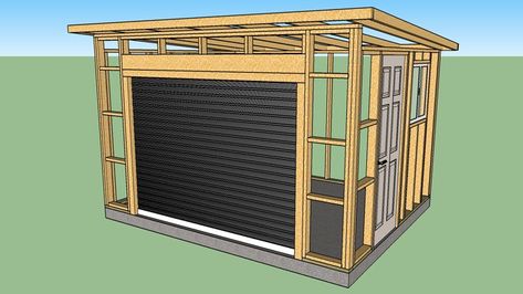 10x12 wood shed, roll up door, shed roof Roll Up Door Pool House, Shed With Roll Up Door, Backyard Bakery, Shed With Garage Door, Flat Roof Shed, 10x12 Shed, Roll Up Garage Door, Mini Garage, Shed Design Plans