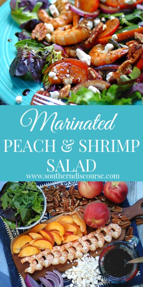 Marinated Peaches, Peach Shrimp, Creole Shrimp Recipes, Southern Discourse, Honey Balsamic Dressing, Buttery Shrimp, Spring Mix Salad, Southern Summer, Honey Balsamic