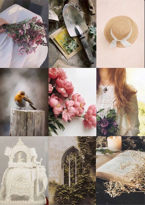 Mary Lennox the secret garden aesthetic mood board inspiration Frances Hodgson Burnett book Secret Garden Mood Board, Mary Lennox Aesthetic, Secret Garden Book Aesthetic, Romantic Garden Aesthetic, Mary Lennox The Secret Garden, The Secret Garden Aesthetic, Secret Garden Aesthetic, Romantic Academia Aesthetic, Fantasy Collage