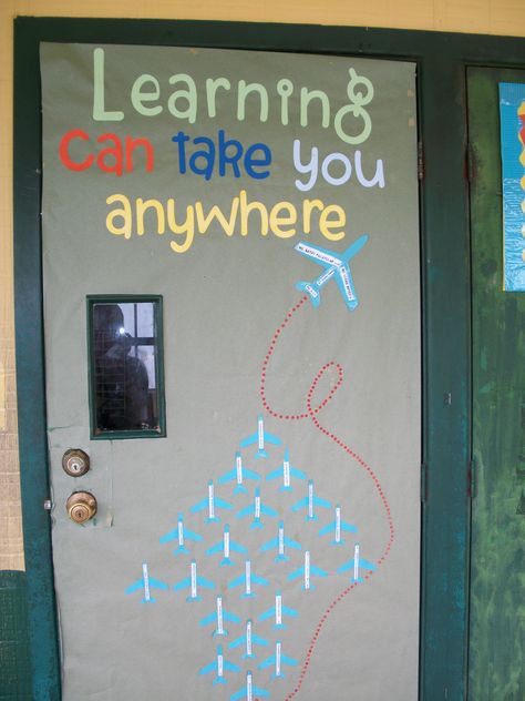 World Travel Bulletin Board - made me think of your door! @Tara Harmon Harmon Merkel Hutchins Exploration Classroom Theme, Travel Themed Classroom Door, Plane Classroom Theme, Learning Is An Adventure Classroom Theme, Paper Airplane Bulletin Board, Airplane Theme Classroom, Around The World Bulletin Board Ideas, Airplane Bulletin Board, Around The World Classroom Theme