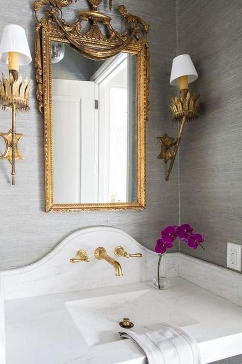 powder room. bathroom. home decor and interior decorating ideas. Gold Bad, Mirror Sconces, Gold Faucet, Powder Room Design, Gilt Mirror, Marble Vanity, Home Luxury, Gold Bathroom, Grey Bathrooms