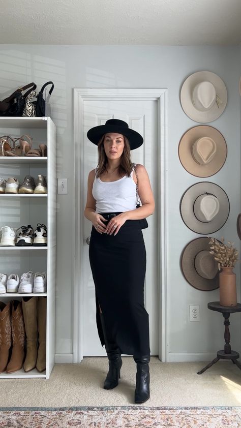 Embellished Band Wool Boater Hat curated on LTK Black Boater Hat Outfit, Boater Hat Outfit, Wool Hat Outfit, Black Wool Hat, High Boots Outfit, Hat Outfit, Rodeo Outfits, Boater Hat, Black Maxi Skirt